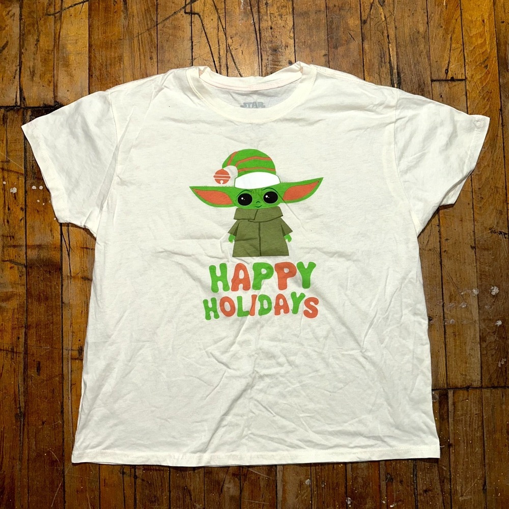 Baby Yoda‎ Happy Holiday Christmas Star Wars Tee Shirt Womens 2X White Graphic